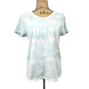 RAE DUNN Women's Regular Lucky Tie Dye T Shirt Blue White Cloud Size Small New